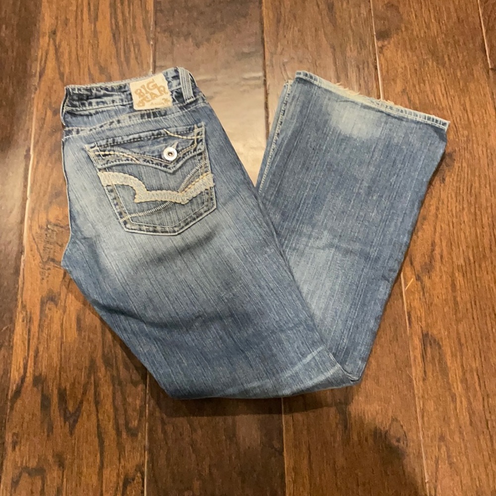 Big Star ultra low rise Sweet style flare jeans, patched distressing, size 29